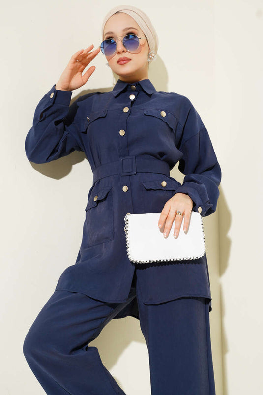 Metal Düğmeli Kemerli İkili Takım Lacivert