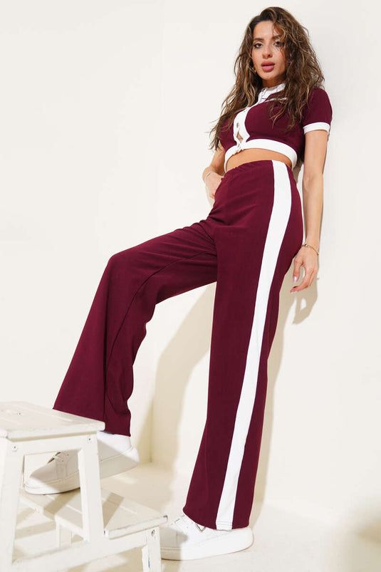 Ensemble deux pièces bordeaux : débardeur court à manches courtes et boutons métalliques