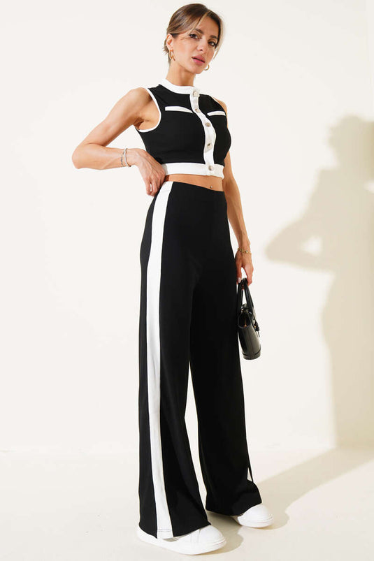 Metal Buttoned Sleeveless Crop Two Piece Suit Black
