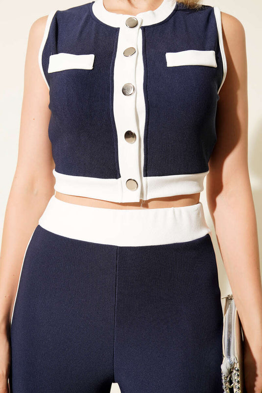 Ensemble deux pièces débardeur sans manches à boutons métalliques, bleu marine