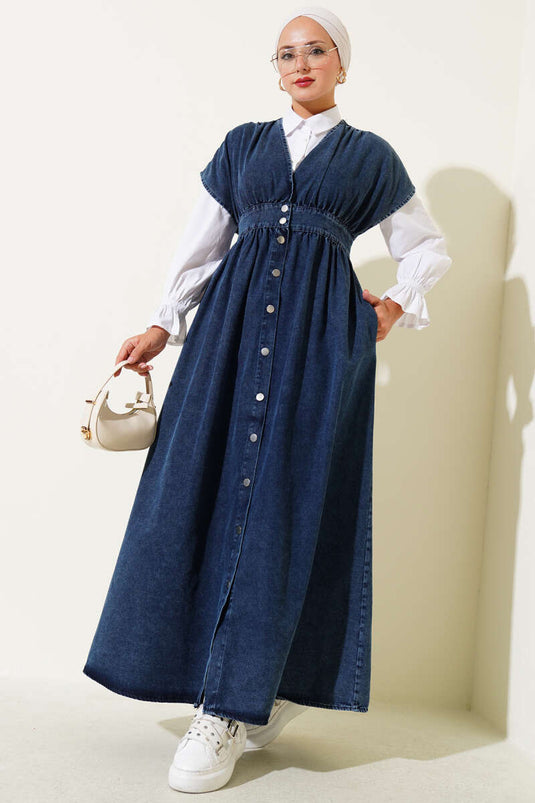 Metal Buttoned Sleeveless Denim Dress Dark Blue