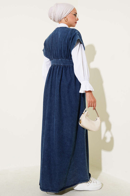 Metal Buttoned Sleeveless Denim Dress Dark Blue