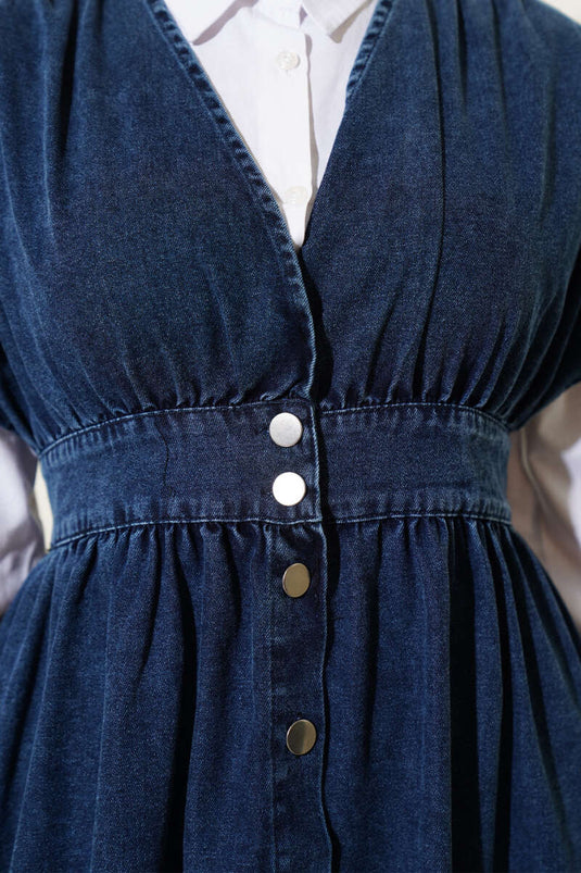 Metal Buttoned Sleeveless Denim Dress Dark Blue