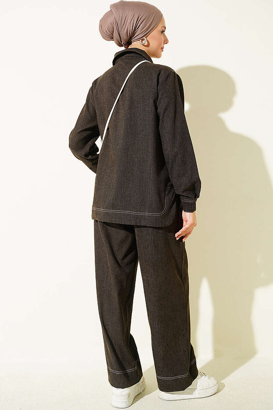 Metaalknopen Denim Tweedelige Set In Bitter Chocolade