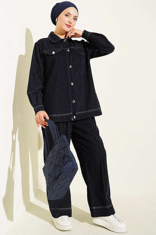 Metal Knopen Denim Tweedelige Set Navy
