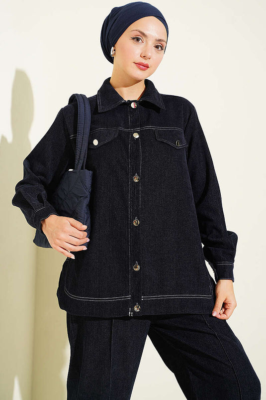 Metal Knopen Denim Tweedelige Set Navy