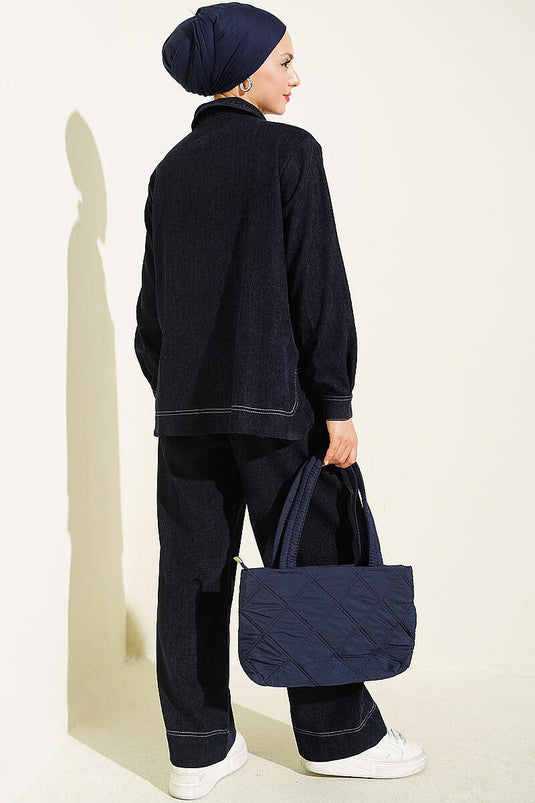 Metal Knopen Denim Tweedelige Set Navy