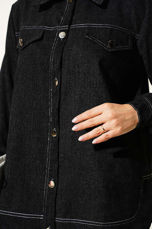 Zwart Denim Twee-Delig Set Met Metalen Knopen