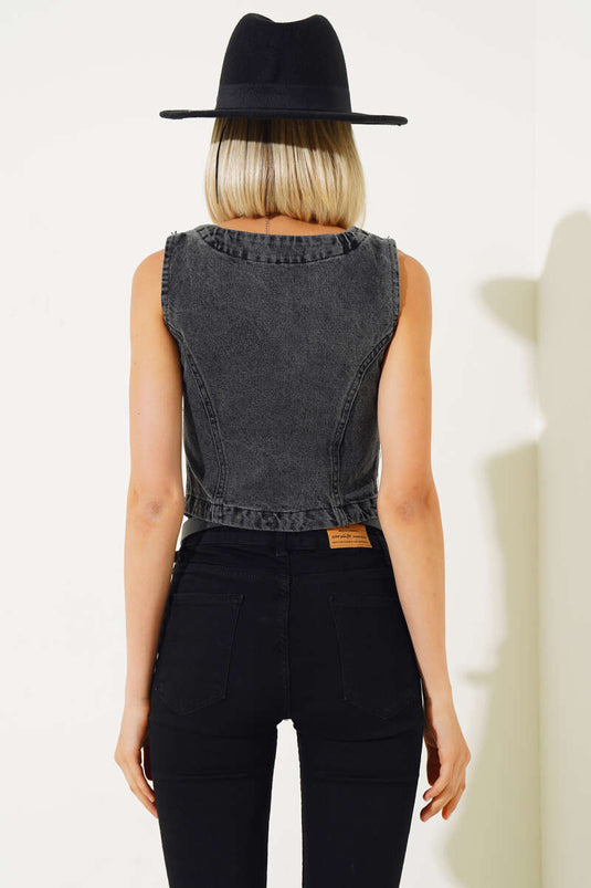 Metal Buttoned Denim Vest Gray Snow