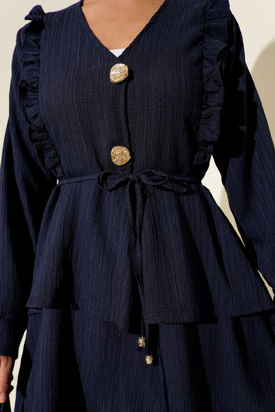 Completo due pezzi blu navy increspato con bottoni in metallo