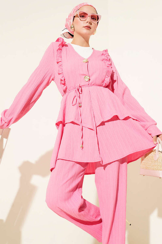 Pink Crinkle Two-Piece Set with Metal Buttons