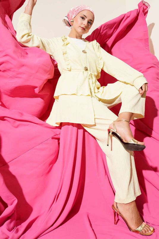 Metal Button Crinkle Two-Piece Set Yellow