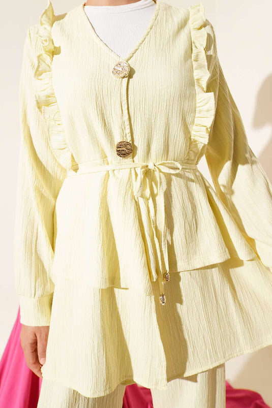 Metal Button Crinkle Two-Piece Set Yellow