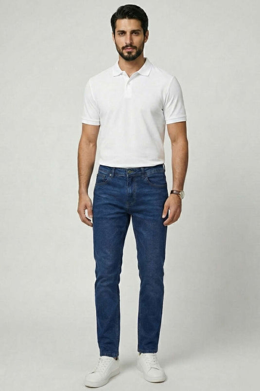 بنطال جينز رجالي أزرق بجيب معدني وقطن مطاطي