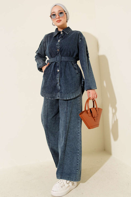 Metal Düğmeli Omuz Apoletli Kot İkili Takım Koyu Mavi