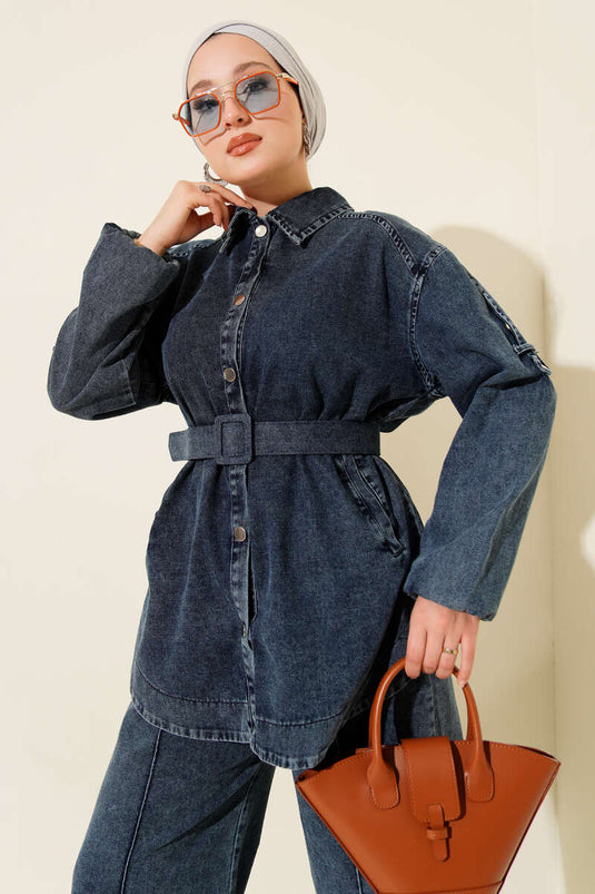 Metal Düğmeli Omuz Apoletli Kot İkili Takım Koyu Mavi