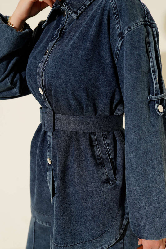 Metal Düğmeli Omuz Apoletli Kot İkili Takım Koyu Mavi