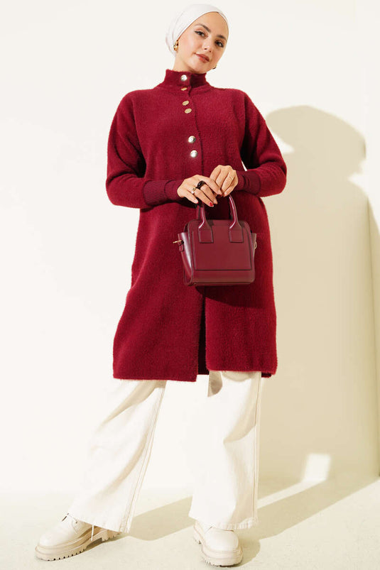 Metal Düğmeli Sakallı Hırka Bordo