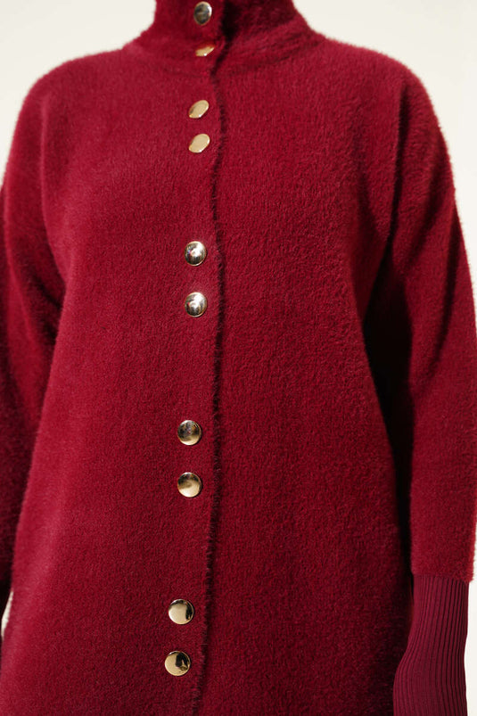 Burgundy Bearded Cardigan with Metal Buttons