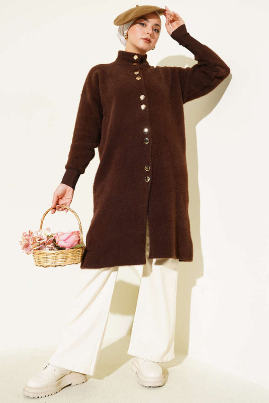 Brown Bearded Cardigan with Metal Buttons