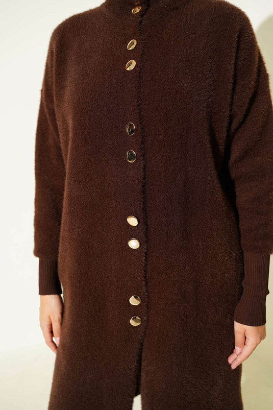Brown Bearded Cardigan with Metal Buttons
