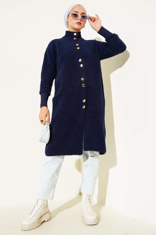 Navy Blue Bearded Cardigan with Metal Buttons