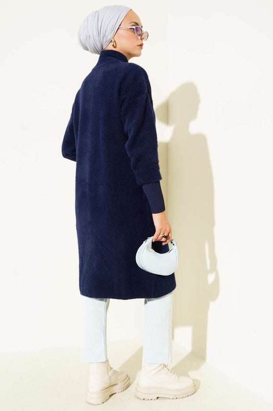 Metal Düğmeli Sakallı Hırka Lacivert