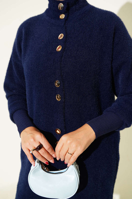 Navy Blue Bearded Cardigan with Metal Buttons