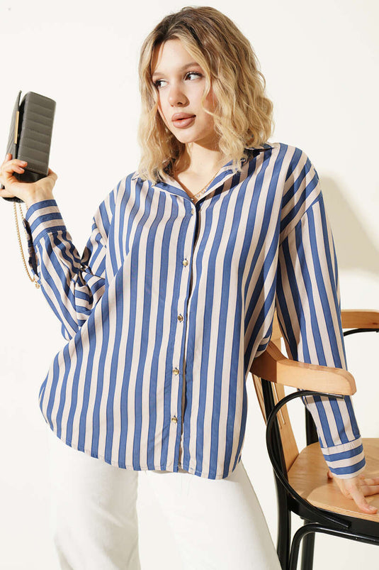 Chemise ample rayée à boutons métalliques bleu marine