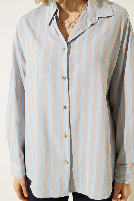 Loose Striped Shirt with Metal Buttons Blue