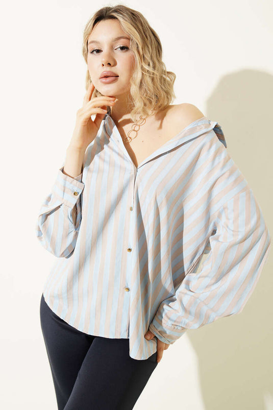 Loose Striped Shirt with Metal Buttons Blue