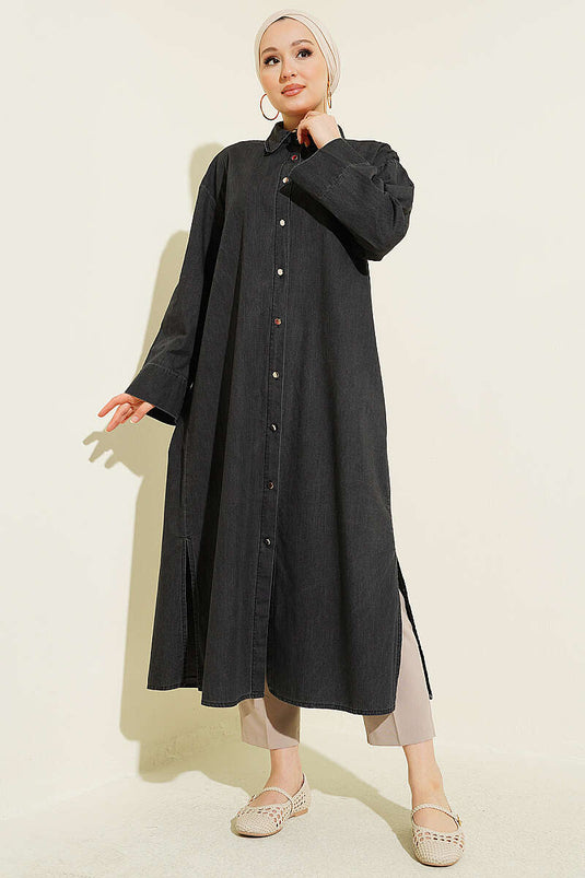 Tunique longue en jean ample avec boutons métalliques anthracite