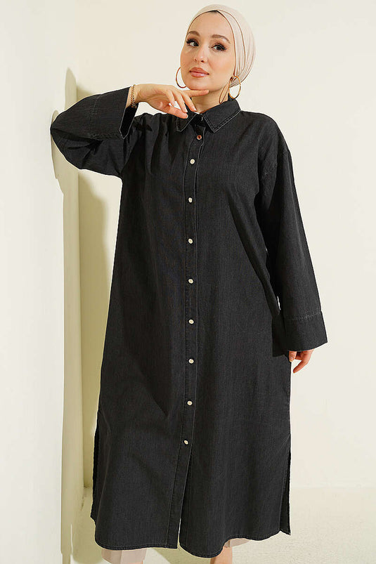 Tunique longue en jean ample avec boutons métalliques anthracite