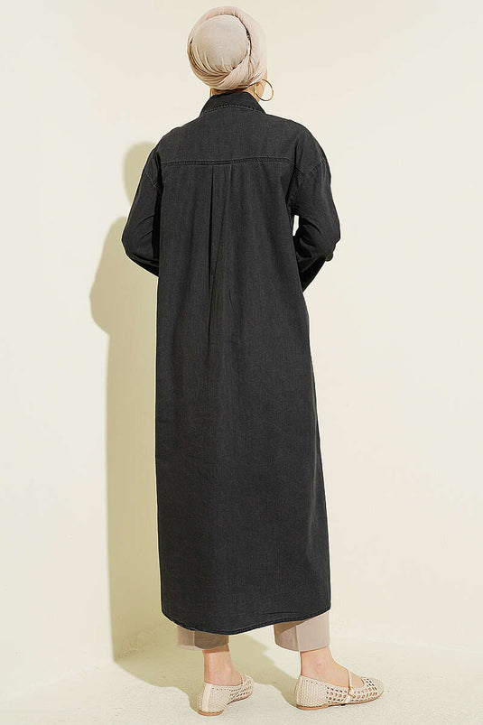 Tunique longue en jean ample avec boutons métalliques anthracite