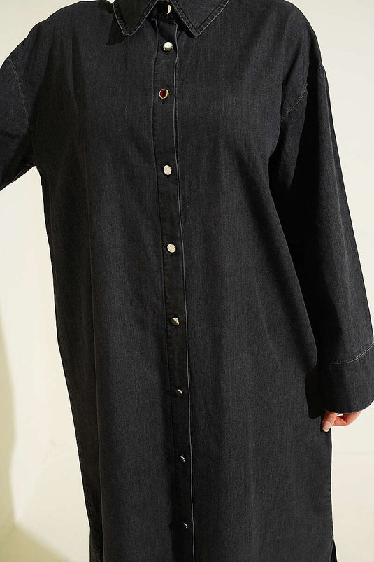 Tunique longue en jean ample avec boutons métalliques anthracite