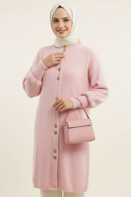 Gilet long rose à barbe avec boutons métalliques