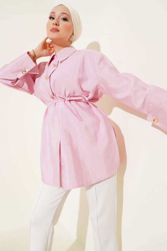 Camicia con bottoni in metallo e fiocco rosa