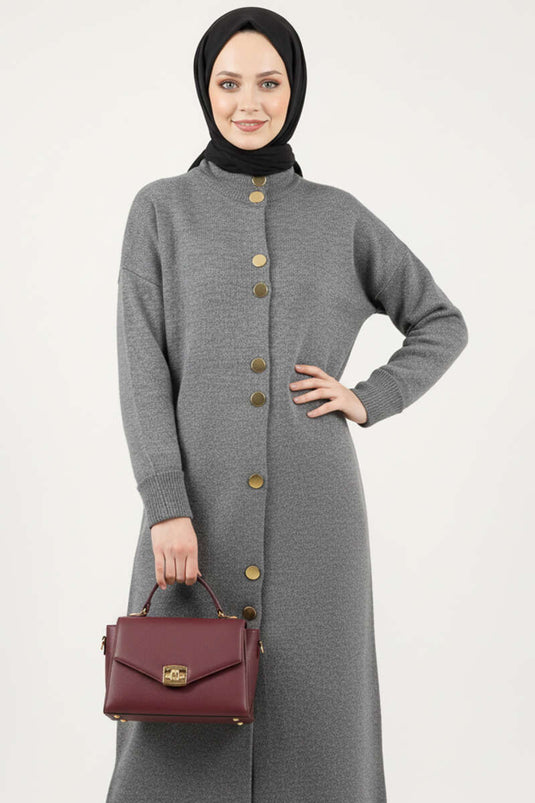 Gilet Long En Tricot Avec Boutons Or Métallique Gris Fumé