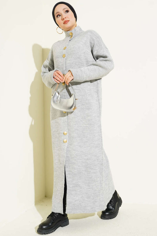 Metalen Goudkleurige Gebreide Lange Cardigan Met Knopen, Grijs