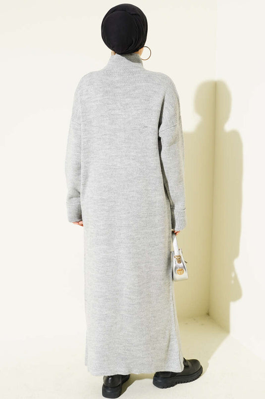 Metalen Goudkleurige Gebreide Lange Cardigan Met Knopen, Grijs