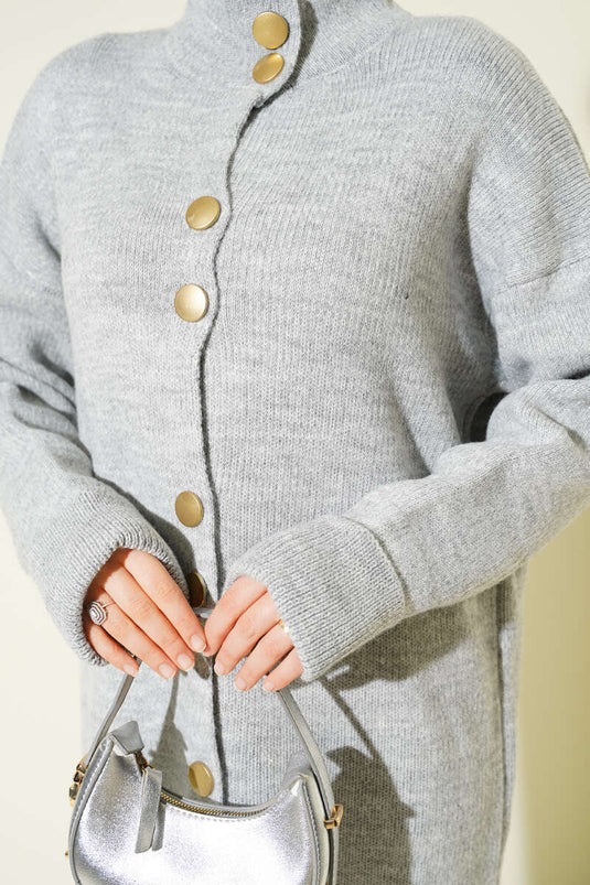 Metalen Goudkleurige Gebreide Lange Cardigan Met Knopen, Grijs