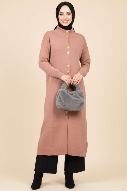 Lange Gebreide Cardigan Met Gouden Metalen Knopen, Roze