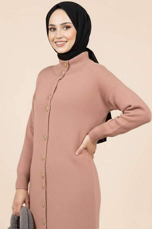 Lange Gebreide Cardigan Met Gouden Metalen Knopen, Roze