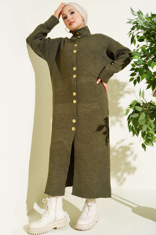 Lang Gebreid Vestje Khaki Met Metalen Gouden Knopen
