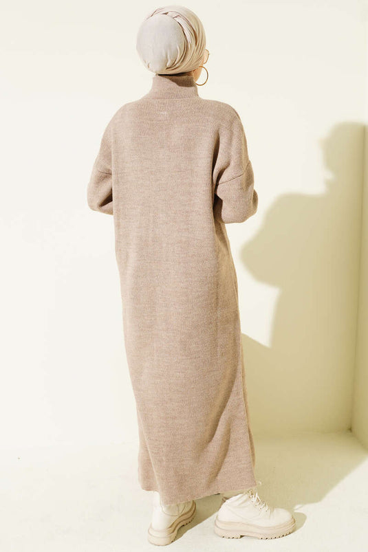 Long Knitted Cardigan Mink with Metal Gold Buttons