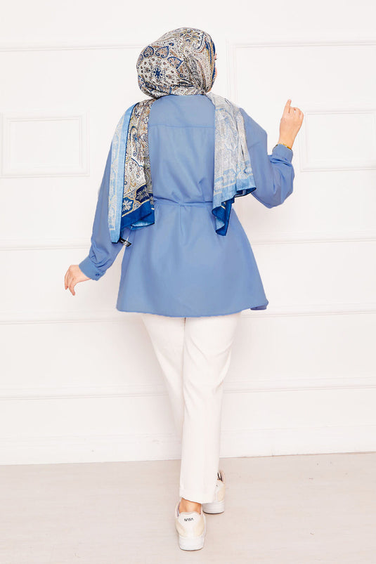 Metal Kalp Figürüyle Bağcıklı Terikoton Gömlek Tunik Bebe Mavisi