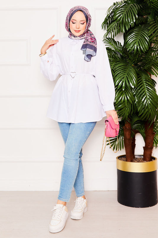 Lace-Up Terikoton Shirt Tunic with Metal Heart Figure White