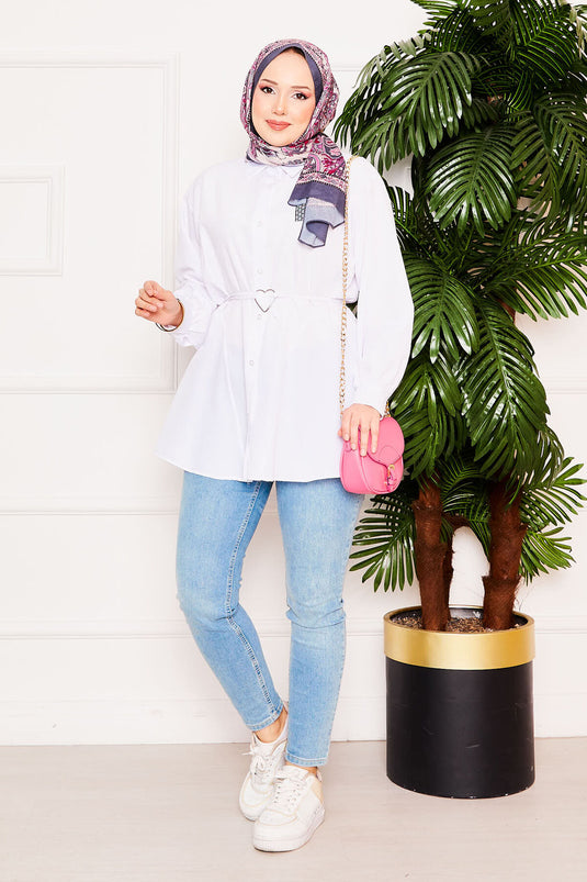 Metal Kalp Figürüyle Bağcıklı Terikoton Gömlek Tunik Beyaz
