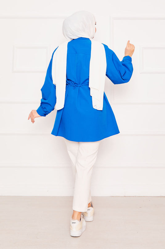 Metal Kalp Figürüyle Bağcıklı Terikoton Gömlek Tunik Saks