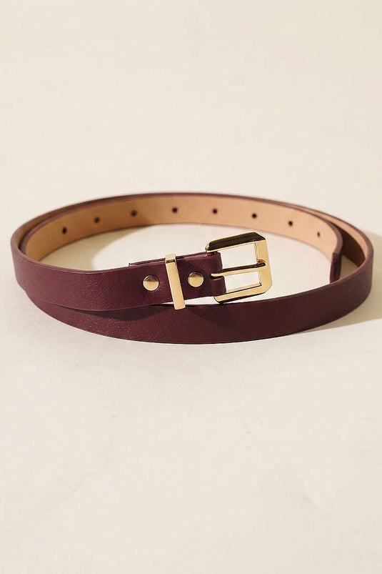 Metal Square Buckle Thin Belt Burgundy